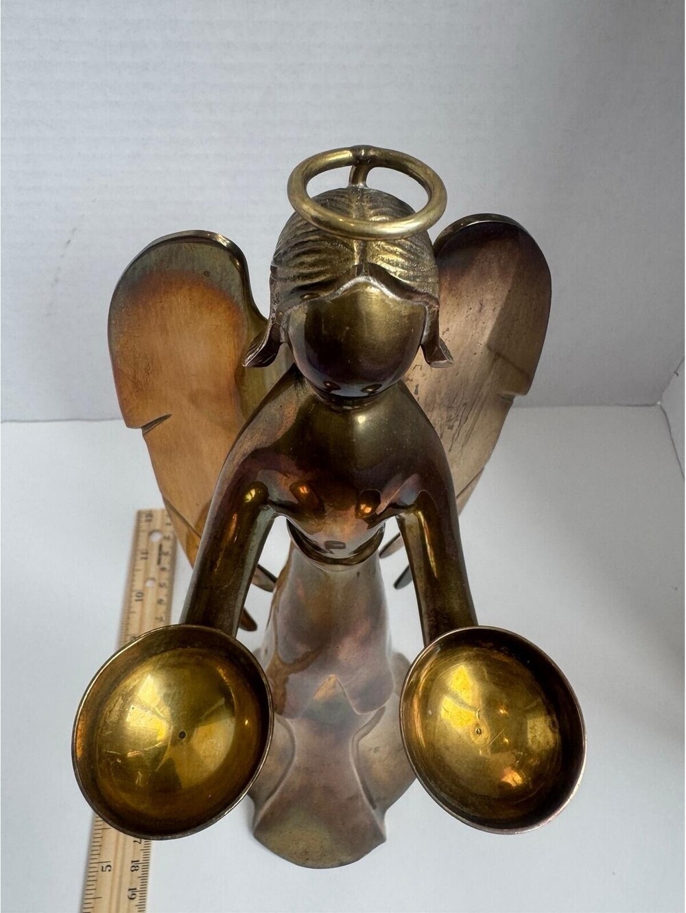 Vintage Christmas 1970s Brass Angel Candle Holder — Extended Wings 12.5” Large - Picture 10 of 12